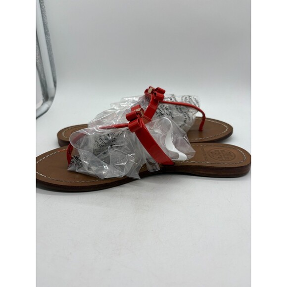 New Tory Burch Bow Thong Sandals Red Patent Leather Flat Flip Flops - Picture 6 of 11
